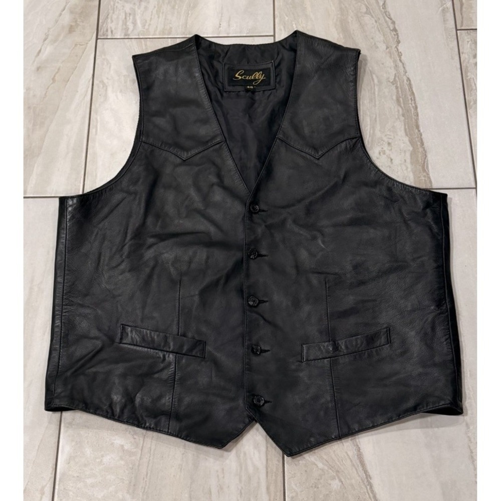 Vtg Scully Leather Vest Men Sz 46 Cowboy Western Biker Button Black